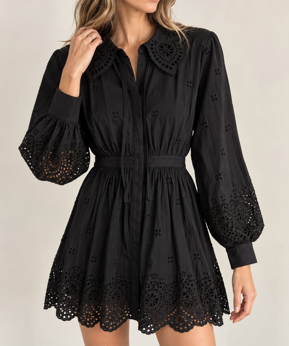 Ulla Johnson Black Eyelet Long Sleeve Mini Dress Size 8